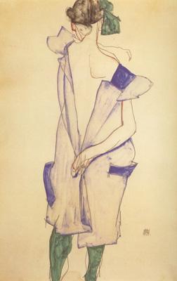 Egon Schiele Standing Girl in Blue Dress and Green Stockings.Back Viwe (mk12)